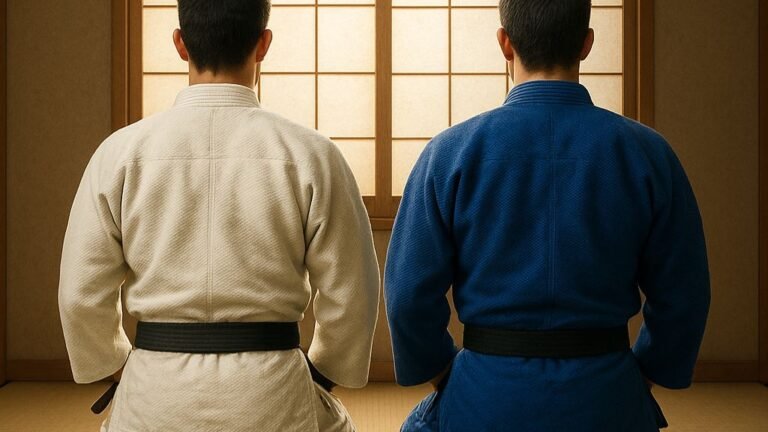 Judokas con judogi blanco y azul sentados en seiza sobre el tatami