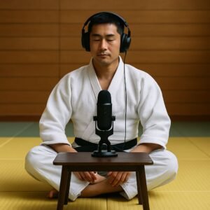Judoka con judogi blanco grabando un podcast en el tatami