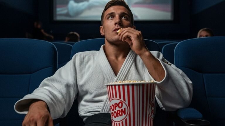 Un judoka con judogi blanco y cinturón negro, sentado en un cine oscuro, comiendo palomitas y viendo una película con concentración
