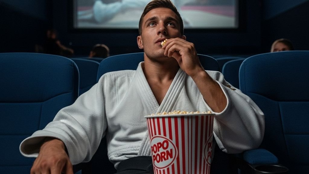Un judoka con judogi blanco y cinturón negro, sentado en un cine oscuro, comiendo palomitas y viendo una película con concentración