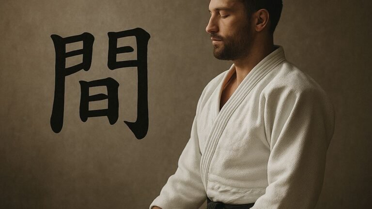 Judoka en posición seiza frente al kanji 間, simbolizando el concepto de Ma en el Judo