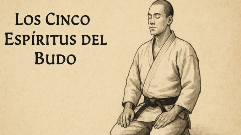 Judoka en seiza representando los cinco espíritus del Budo