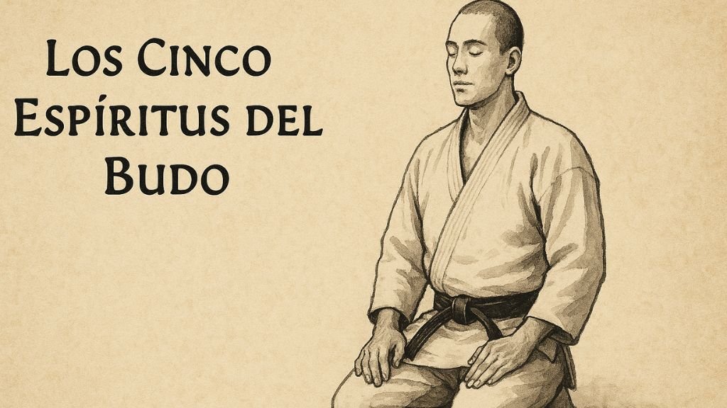 Judoka en seiza representando los cinco espíritus del Budo