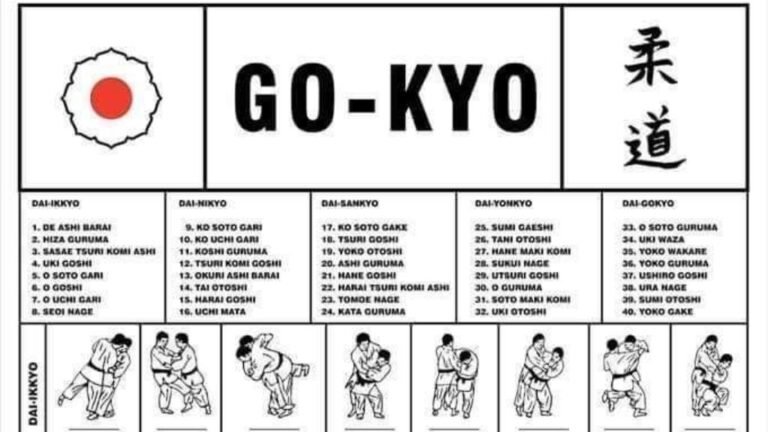 Poster ilustrado del Gokyo del Kodokan con técnicas de Judo tradicionales