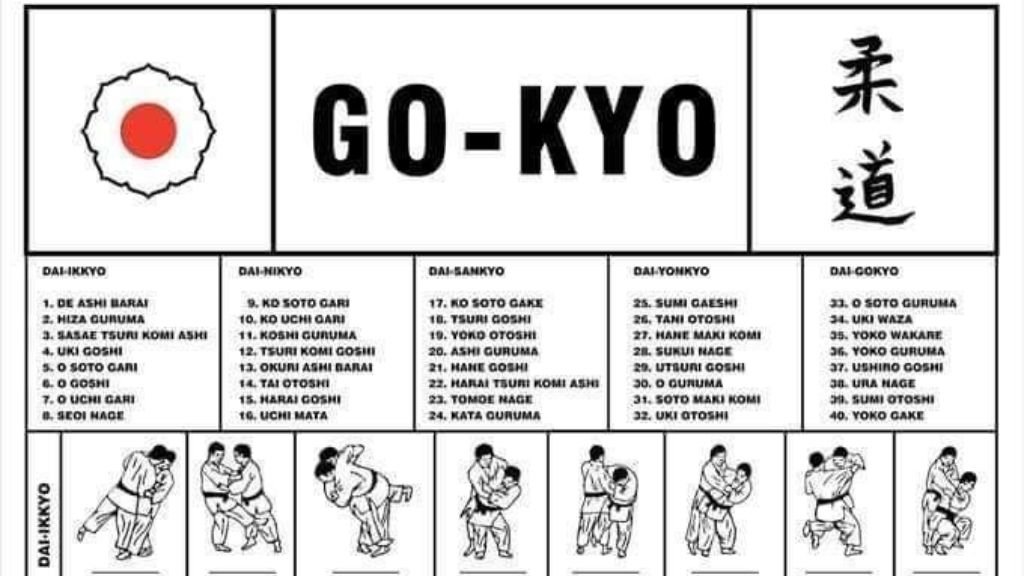 Poster ilustrado del Gokyo del Kodokan con técnicas de Judo tradicionales