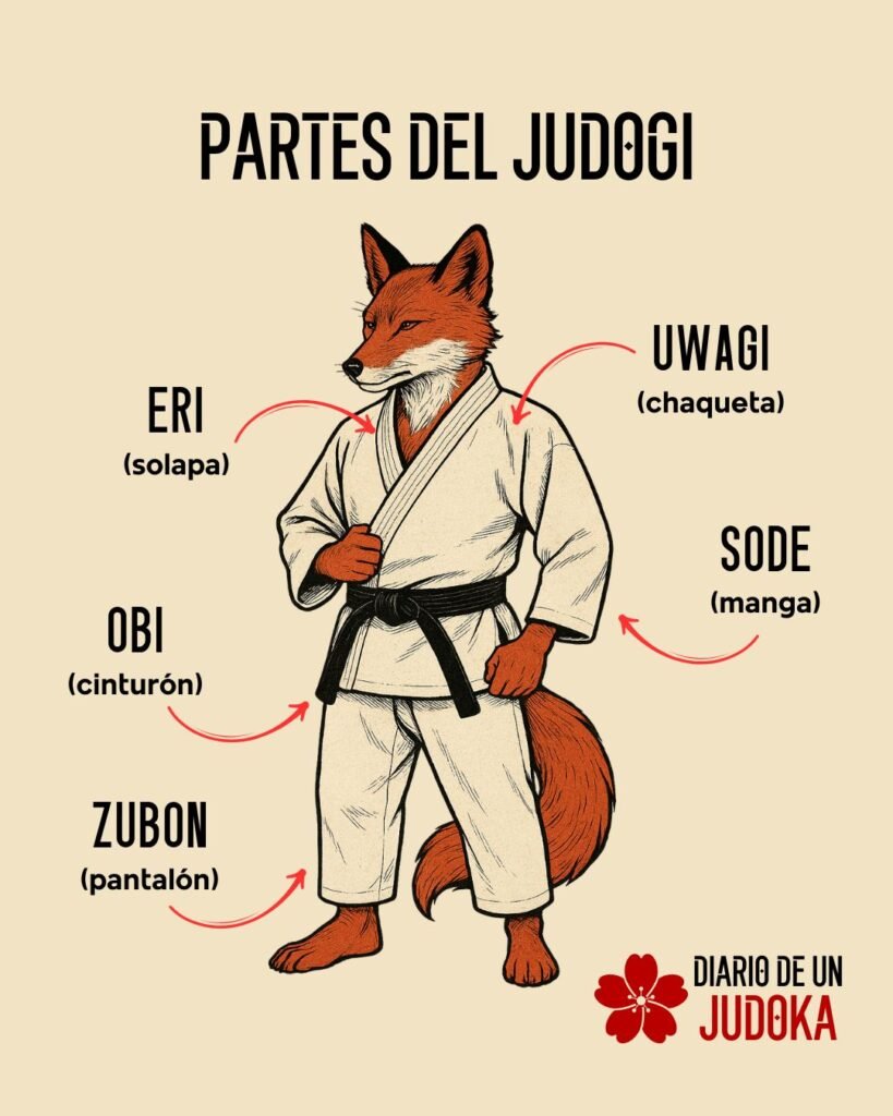 Partes del Judogi - Uniforme de Judo Ilustración detallada de un judogi con sus partes principales señaladas: uwagi (chaqueta), zubon (pantalón), eri (cuello), sode (manga), hiza (rodilla) y obi (cinturón)