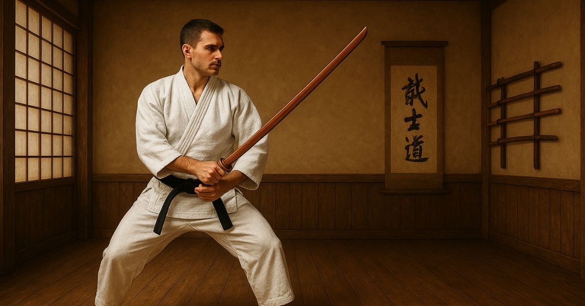 Judoka con judogi blanco y cinturón negro practicando con un bokken en un dojo tradicional japonés