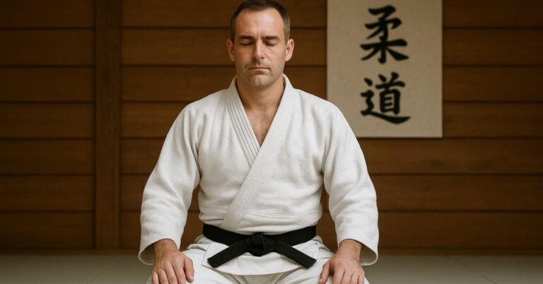 Judoka de mediana edad, con judogi blanco y cinturón negro, sentado en posición de meditación sobre un tatami en un dojo iluminado de forma natural