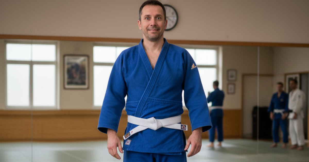 Adulto en su primera clase de judo recibiendo instrucciones de su sensei en el dojo